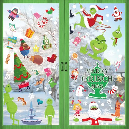 Joyoldelf 150 Stück Weihnachten Fensterbilder - Grinch Weihnachts Selbstklebend Fenstersticker, Geeignet für Winter Weihnachts Fenster Deko