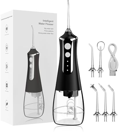 Idropulsore Dentale Portatile,Irrigatore Orale,Impugnatura Ergonomica Antiscivolo,3 Modalità e 5 Ugelli,300ml,Basso Livello di Rumorosità - 70db,Per la Cura di Denti,Gengive e Denti (Black)