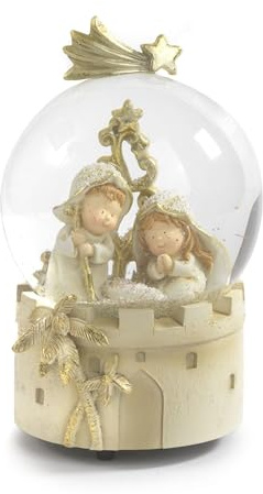 Presepe Natività Bambini in resina dentro Sfera di Vetro con Neve e Carillon, Decorazione Natalizia, Altezza 16 cm