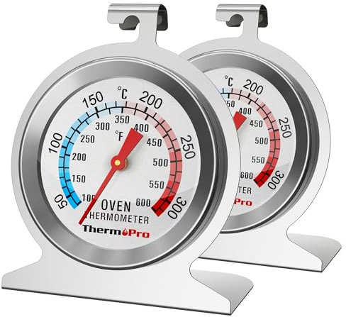 ThermoPro Termómetro analógico de horno de acero inoxidable para horno, termómetro de cocina, termómetro interior, cocina, termómetro con esfera grande, color plata, AOT200, 2 unidades