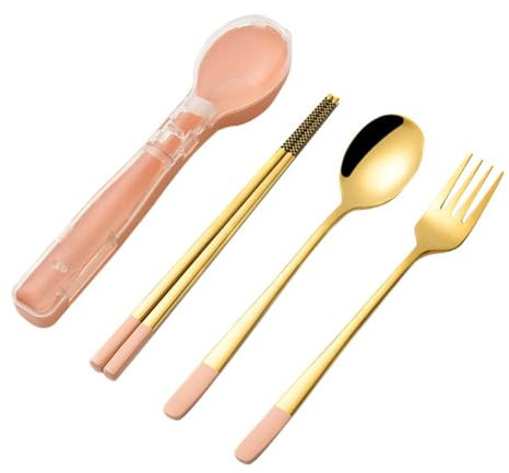 Bamberg 3pcs Stainless Steel Dinnerware Set Flatware Camping Travel Sets Chopsticks Fork Spoon Cutlery Case Tableware Pink