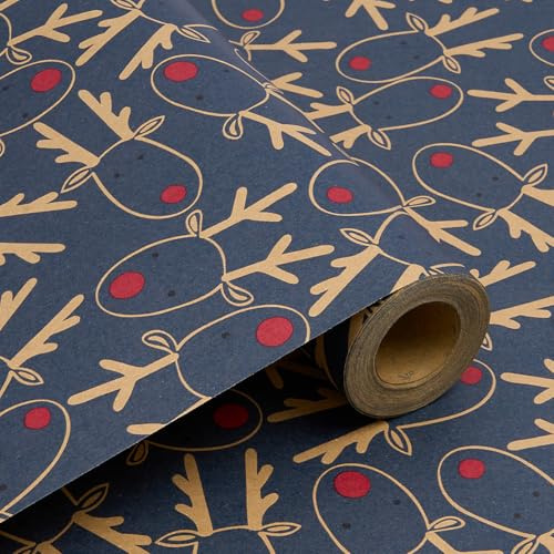 43 cm x 15 m Weihnachtsgeschenkpapierrolle, recycelbares blaues Kraftpapier mit Hirschkopf-Motiv, geeignet für Weihnachten, Hochzeiten, Geburtstage und Party-Geschenkdekorationen