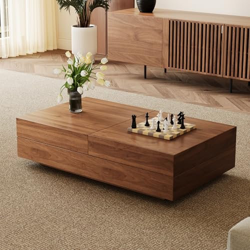 Table Basse Extensible Aspect Noyer – Design Moderne rectangulaire pour Salon, avec Espace de Rangement dissimulé (Extensible de 120 cm à 208 cm)
