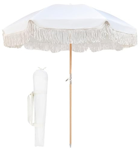 XOBRJQZ 180cm Boho Outdoor-Strandschirm mit Quasten, Windfest tragbarer Gartenschirm UPF50 mit Knöpfen Neigung