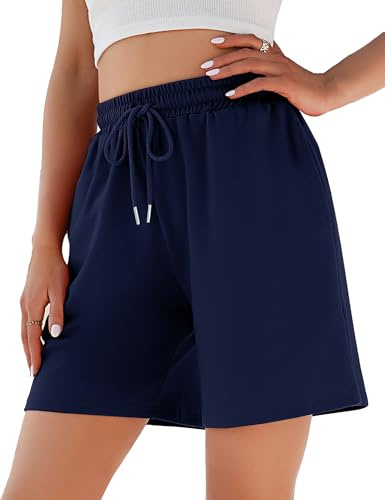 Jezonga Women's Running Shorts Casual Lounge Gym Athletic Sweat Jogging Sport Loose Workout Hiking High Waisted Knee Length with Pockets Navy，XL