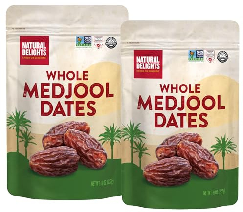 Natural Delights Medjool Dates Whole - Non-GMO Verified Fruit, Good Source of Fiber & Potassium, Naturally Sweet, Snack for On-the-Go, Large & Plump Dates - 8 oz Pouch (Pack of 2)