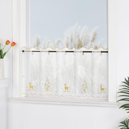 Yujiao Mao Weihnachts Scheibengardine mit Stickerei - Golde Tannenbäume & Rentiere - Bistrogardine Festliche Fensterdeko für Küche Bad Tunnelzug Transparent Weiß H30xB120cm, 1 Stück