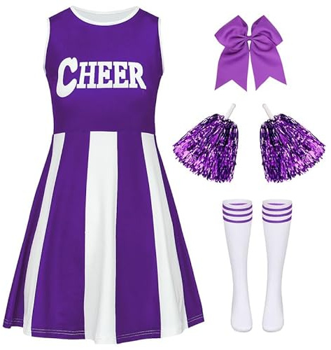 XFOZDM Deguisement Cheerleader Fille Deguisement Pompom Girl Enfant Costume Pom Pom Girl Fille Tenue de Pompom Uniforme avec Bandeau Pompons et Chaussettes pour Carnaval Halloween Fête Violet 160