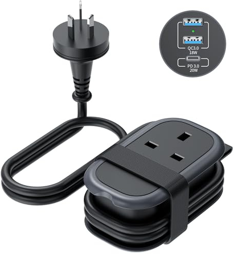 TOPREK UK to Australia Plug Adapter with 1.06M Lead, PD 38W Fast Charger Travel Plug Adaptor with 2 USB-A and 1 USB-C for Australia China New Zealand Fiji Argentina (Type I) | Australia Travel Adapter with 2 USB-A + 1 USB-C for Australia China New Zealand Fiji Argentina (Type I)