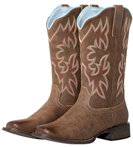 J's.o.l.e Square Toe Cowboy Boots for Women - Wide Calf Mid-Calf Western Fashion Cowgirl Boot with Classic Embroidery Brown UK 4
