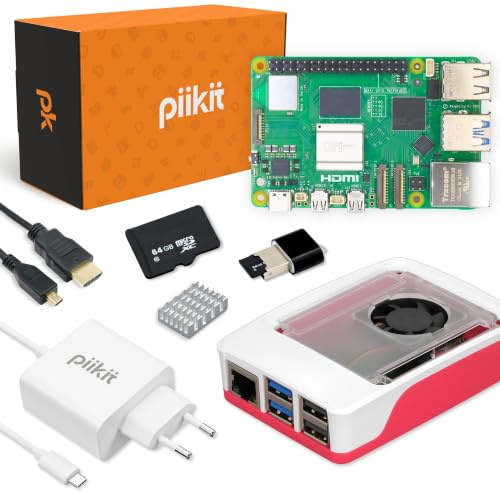 PiiKit Starter-Set für Raspberry Pi 5 4 GB | 64 GB MicroSD-Karte | 27 W Netzteil | Gehäuse mit integriertem Lüfter und Kühlkörper | 4K 60 Hz Micro-HDMI-Kabel
