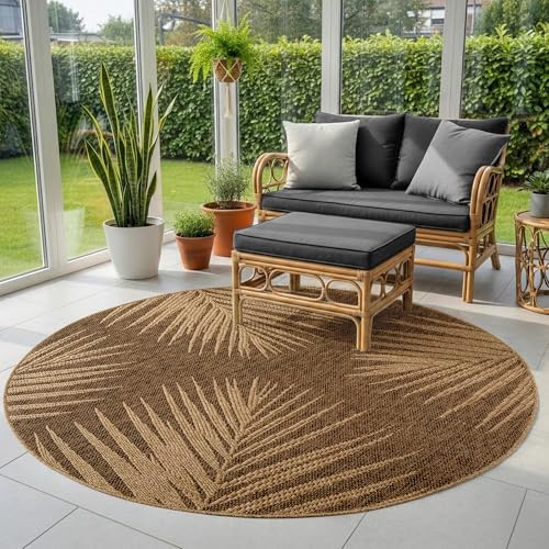 SIMPEX Alfombra Exterior Redonda 120 cm Resistente a la Intemperie Fácil Cuidado Aspecto Yute Natural Diseño Palmeras para Terraza Balcón Salón