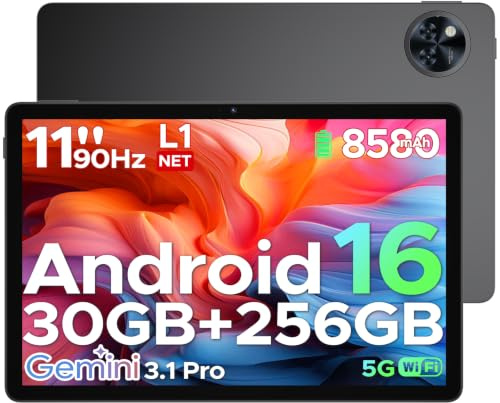 DOOGEETab U11 Pro Android 16 Tablet 11 Pulgadas, 30GB RAM+256GB ROM+2TB TF, Unisoc T7200 Octa-Core 8580mAh Tablets, 90Hz HD Tablet Android, Gemini AI, Widevine L1, Cámara 13MP/5G WiFi/3.5mm Audio/GPS