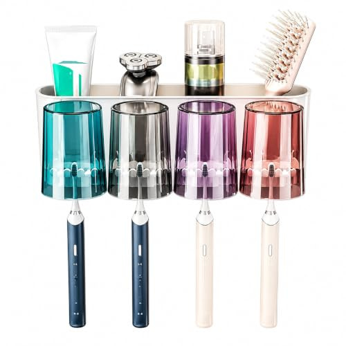 InYoHui Zahnbürstenhalter Organizer Wand für 4 Personen, selbstklebend | Selbstklebender Wandhalter für 4 Zahnbürsten (auch elektrisch). 4 umgekehrte Becherhalter + Fach. Hygienisch, ohne Bohren.