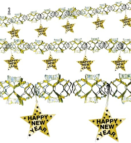 W WIDMANN MILANO Party Fashion 7901L - Girlande Happy New Year, Länge 3 Meter, Gold-Silber, holografische Folie, Sterne, Silvester, Neujahr, Party