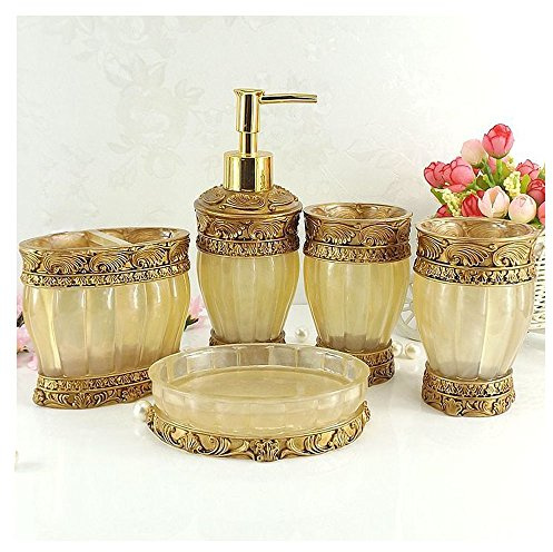 LUANT Vintage Golden Badezimmerzubehör, 5-teiliges Badezimmerzubehör-Set, Badezimmer-Set, Seifenspender, Zahnbürstenhalter, Becher & Seifenschale – Golden glänzend – Bad-Geschenkset