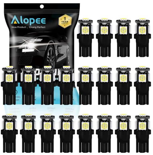 Alopee T10 W5W LED Bulb White 6500K 12V Interior Led Car Bulbs, 20 Pack | 501 Led Bulbs Replacement for Car Map Dome Courtesy Number Plate Dashboard Side Marker Light, 5SMD 5050 Chips