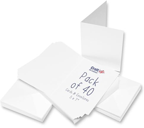 Craft UK, 40 Blank Cards and Envelopes for Card Making, 300gsm, Made in the UK, Lasting Quality, White, 5 x 7-Inch