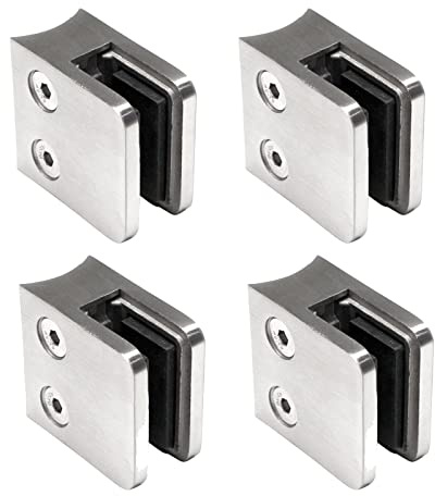 PRIOstahl Glashalter 4 Stück Glasklemmen Set Edelstahl Abstandhalter Klemmhalter V2A 45 X 45 x 26 mm für Ø 42,4 mm Glas 8,76mm Glasklemmhalter Glasplattenhalter für Geländer Treppengeländer Balkon A2