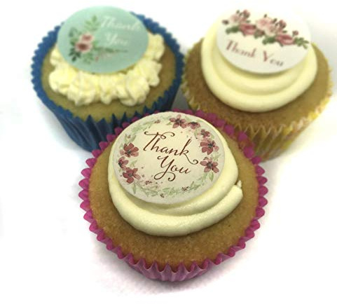 24 Precut Vintage Flower THANK YOU Edible Wafer Paper Cake Toppers Decorations