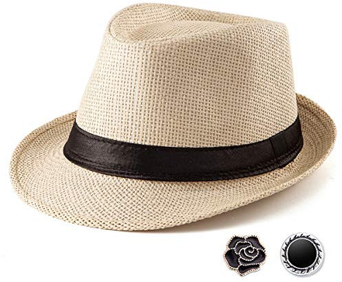 LADYBRO Sommer Stroh Trilby Hut ‌für Herren 1920er Kurze Krempe Fedora Hut, 58cm, Beige