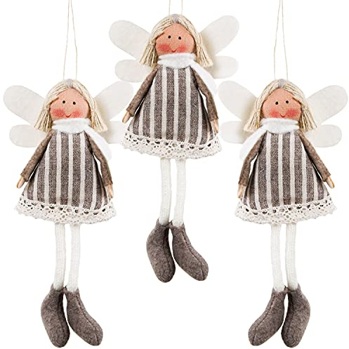 3 Stoffengel Anhänger Weihnachten, Weihnachtsengel beige grau Natur, Schutzengel Geschenk klein, 16 cm, Weihnachtsbaumschmuck