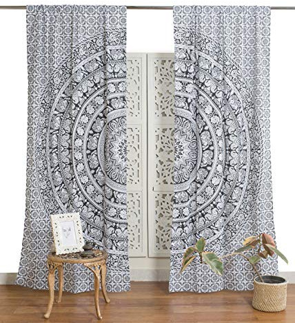 Popular Handicrafts Indischer Hippie, Bohemian, wunderschöner Elefant, Mandala Vorhangpaneele, Schwarz und Weiß