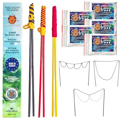 Bubble Brothers Set di 3 bolle di sapone giganti e 25 litri di soluzione di sapone in polvere liquido per bambini adulti fatti a mano in legno di faggio (arancione-viola-blu)