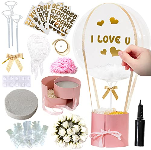 Gift Box Surprise for Women with High-Grade Greeting Balloon, Double Layers Rotating Drawer, Mock Flowers. 33Pcs Perfect Present Kit for Mother’s Day, Birthday, Anniversary, Valentines and Parties