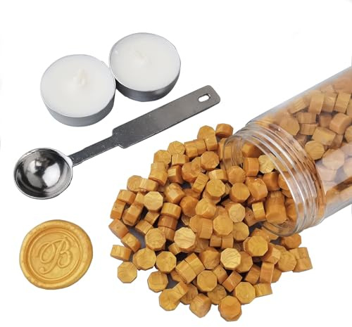 Siegelwachsperlen, AMTOL 300 Stück Gold Wachssiegelperlen mit 2 Stück weißen Kerzen und 1 Stück Wachsschmelzlöffel, ideal für Hochzeitseinladungen, Kartenumschläge, Geschenkverpackungen(Gold)