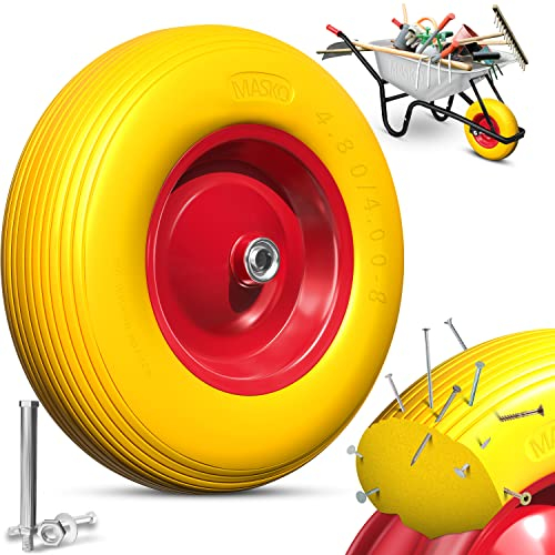 MASKO® Ruota per carriola in gomma piena PU da 200 kg anti-foratura - 4.80/4.00-8 Ø 390 mm, incl. asse - ruota di ricambio - ruota in gomma con cerchione in acciaio - pneumatico anti-foratura