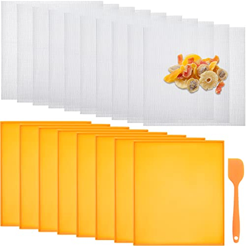 Thenshop 8 Pcs Silicone Dehydrator Sheets with Edge and 10 Pcs Mesh Dehydrator Mats with Silicone Scraper Tray Fruit Leather Trays for Non Stick Accessories for Liquid Meat Fruit(Orange)