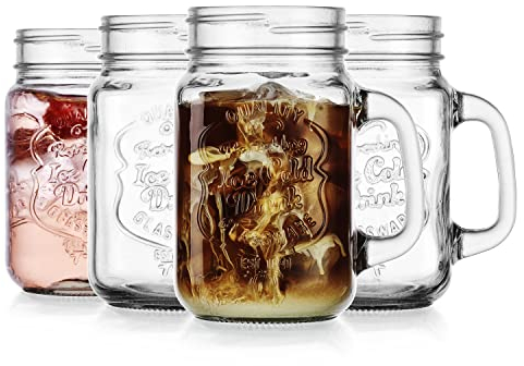 Glaver's Mason Drinking Jars – Set of 4, 15.25 Oz Clear Glass Jars – With Handle and Ice-Cold Embossed Logo – Ideal for Hot and Sunny Days – Perfect Glass Cups for Cold Drinks