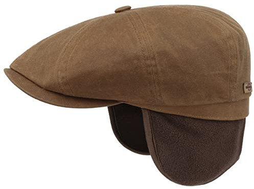 Stetson Hatteras Wax Flatcap mit Ohrenklappen Einfarbige Mütze Vintage-Stil Herren Wasserabweisend Frühjahr bis Winter braun S (54-55 cm)