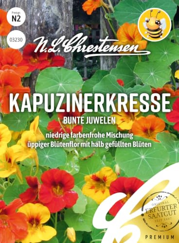 Chrestensen Kapuzinerkresse Bunte Juwelen Saatgut | Halb Gefüllt, Niedrig 30cm, Essbare Blüten Blätter, Balkon Töpfe Beet, Tropaeolum majus, Bienenfreundlich