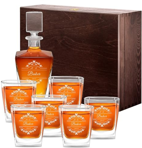 Maverton Geometric Whiskey Set for Couples, Whiskey Carafe with 6 Glasses | Personalized Elegant Beverage Set for Wedding, Engraved Decanter and Glasses for Pair, for Christmas, Forever