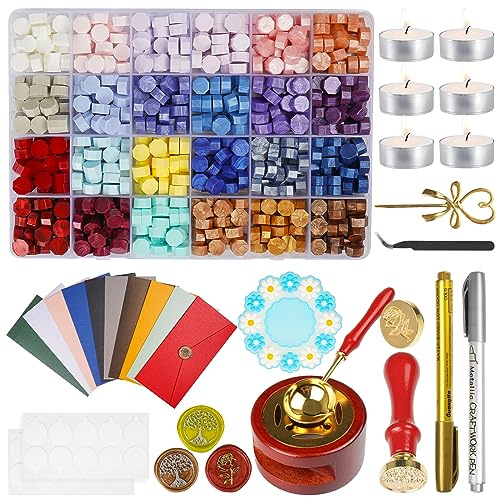 MITCTER Kit de Cire à Cacheter 24 Couleurs, 630 Perles de Sceau, 10 Accessoires pour Lettres, Cartes Invitation, Coffrets Cadeaux