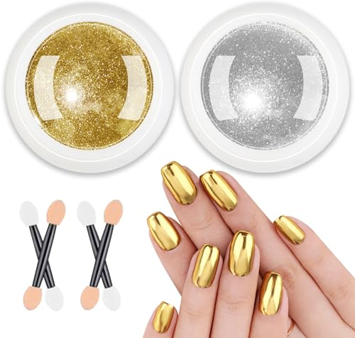 Gold Chrome Nail Powder BISHENGYF:【NO.1 Anhaltender Spiegeleffekt】Cromepulver Nägel Silber, Nagelpuder Metallisch Chrome Puder Nagel Glitzer Nail Charms Gold Nail Art Design Set DIY Pigment Nail 2PCS