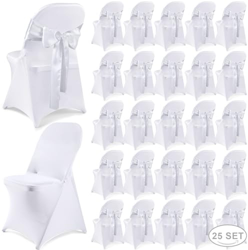 Lounsweer 50 Pcs Folding Chair Cover Set with 25 Stretch Spandex Slipcovers 25 Satin Chair Sashes Bows Ribbon Washable Banquet Protector for Wedding Event Party(White, White)