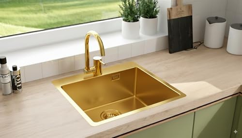 Faizee Home | Edelstahlspüle 50 × 55 cm Gold – Moderne eckige Küchenspüle aus Edelstahl inkl. Siphon-Set und Armatur | Hochwertige Einbauspüle für Unterschränke ab 45 cm