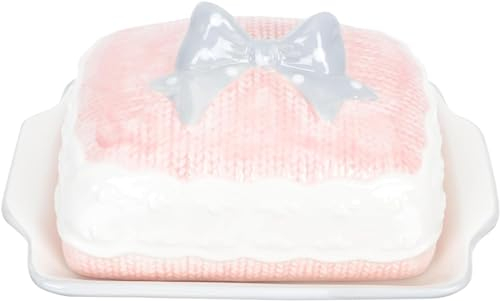 NobeOnbe Retro Pink Ceramic Butter Dish Set, Cake Desserts Container, Airtight Butter Plate