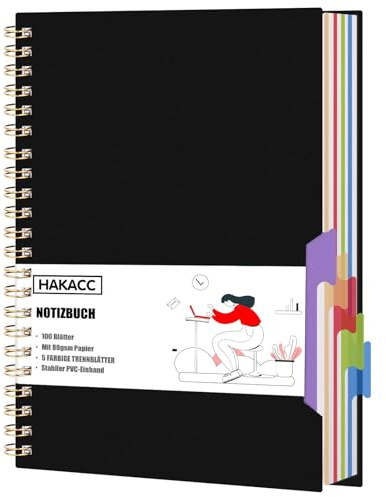 HAKACC Projektbok, anteckningsbok, spiralblock med 5 skiljeväggar A4-format, anteckningsblock, perfekt för studenter, arbete, skrivprojekt och planering, svart