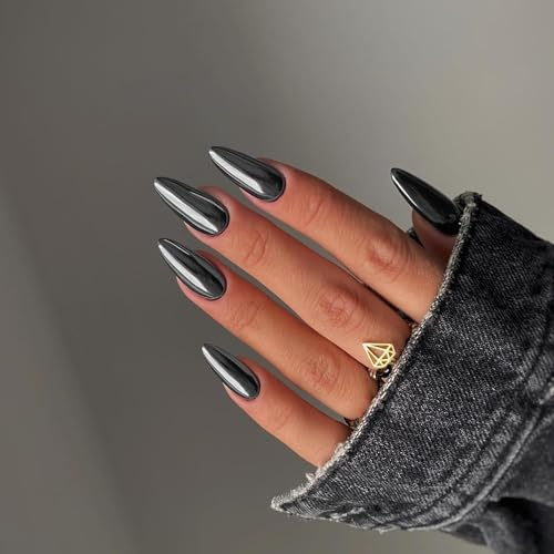 JUSTOTRY 24 Stück Chrome Mandel Nägel Zum Aufkleben Kurz Motiv,Navy Blau Einfarbig Press on Nails,Glossy Oval Künstliche Nägel,Schöne French Fingernägel Fake Nails für Frauen