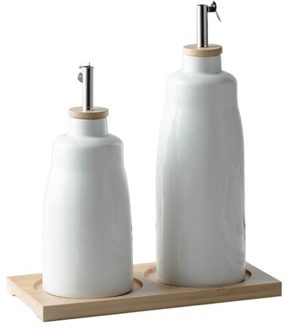 UDQYQ Set dispenser per olio d'oliva e aceto, bottiglie in ceramica per olio e aceto da 420 ml e 280 ml, con vassoio in bambù, 2 contenitori per olio con imbuto ed etichette.