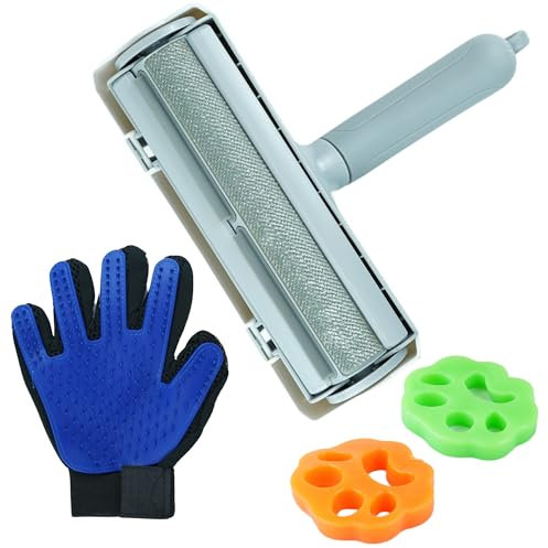 OKIDO Kit Rodillo Quitapelos Mascotas + Guante Peine + 2 Gomas Atrapapelos en Seco |Elimina Pelos de Todo Tipo de Superficies, Lavable y Reutilizable.