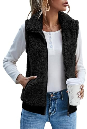 IECCP Weste Damen Teddy-Fleece Ärmellos Bequem und Lässig Fellweste Weste Jacke Reißverschluss mit Stehkragen(Schwarz,M)