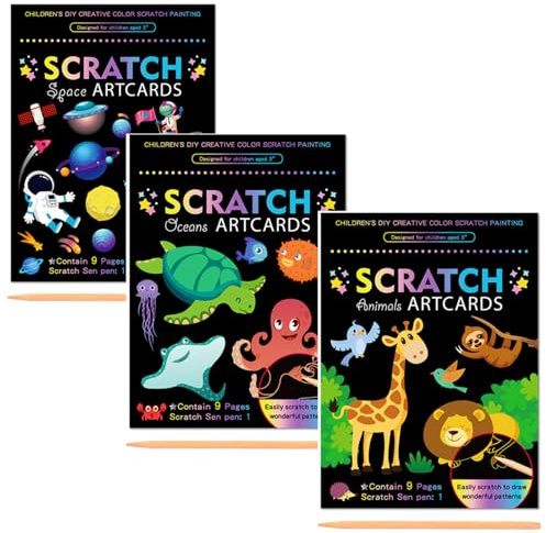 3 Set Scratch Paper Art for Kids, Magic Drawing Book for Children, Rainbow Scratch off Craft Book with Scratch Pen for Birthday Party Games, DIY Projects Kits Craft Gifts Creative Scratch Art Kit