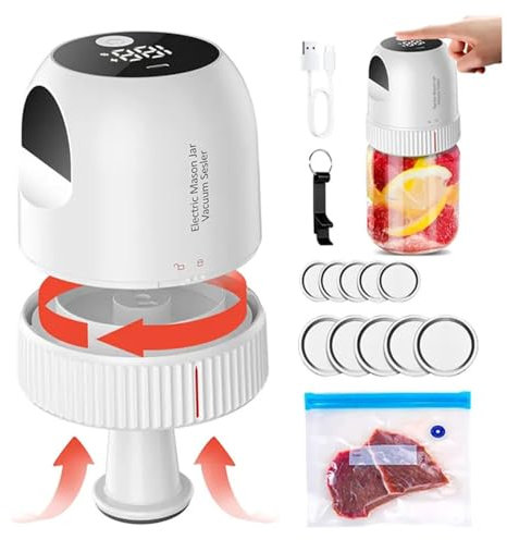 Electric Mason Jar Vacuum Sealer Kit - 3 in 1 Rechargeable Portable Vacuum Sealer, Automatic Vacuum Sealer for Wide & Regular Mouth Mason Jars Vacuum Bags, for Jars for Food Storage