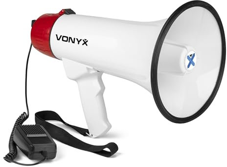 Vonyx MEG045 - Akku Megaphone mit Sirene und Mikrofon, Bluetooth, Aufnahmefunktion, 45 Watt Megafon, bis 1000 Meter Reichweite, Megaphon mit Umhänge-Gurt, MP3, USB, SD, Weiß/Rot