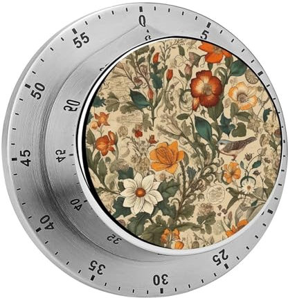 Mechanical Timer Retro Pattern Printed Kitchen Countdown Timer Magnetic Backing Stainless Steel Body Magnetic Timer for Home Baking Cooking Oven